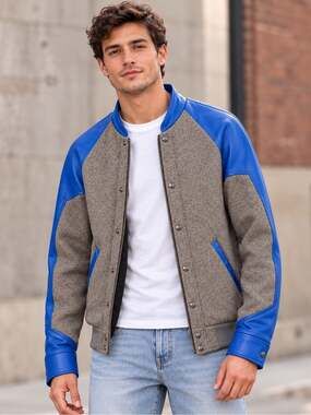 Vintage Wool/ Leather Grey Blue Varsity Bomber Jacket Large Retro Preppy 🇨🇦 M-